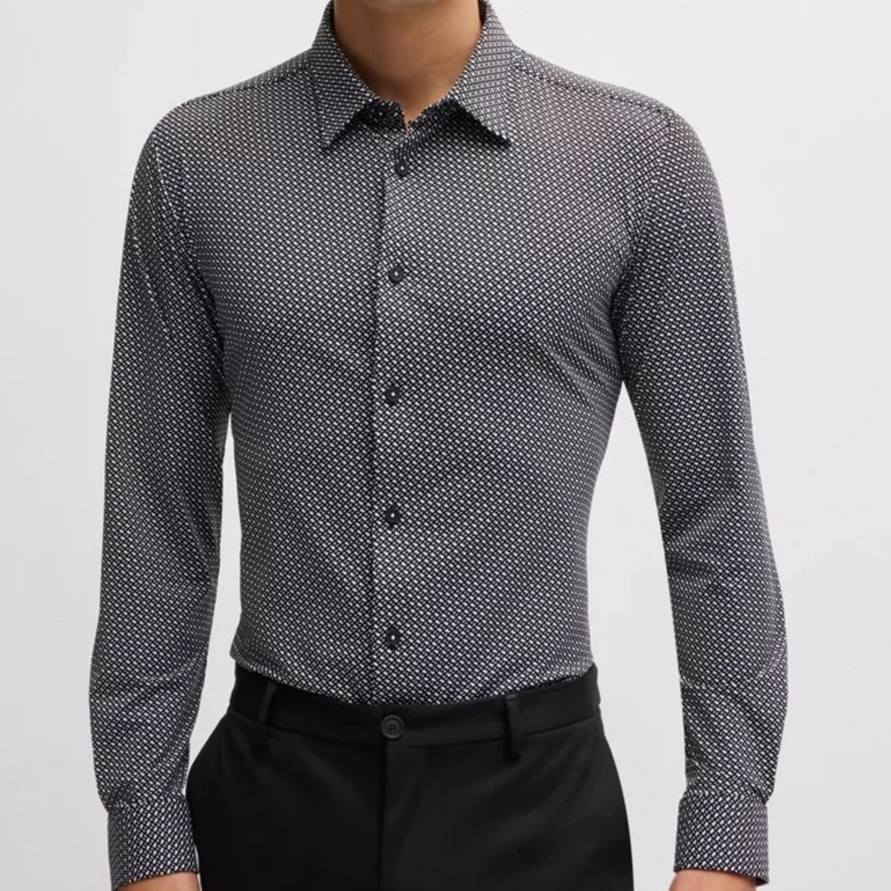 Hugo Boss Slim Fit Button Down Shirt Black White Micro Print Men’s 16.5 / 42